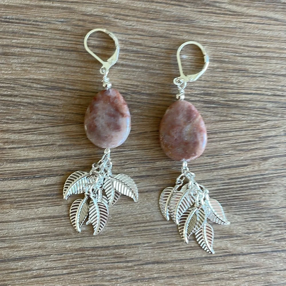 HAND CRAFTED SUNSTONE PIERCED EARRINGS Boho Dangling Leaves